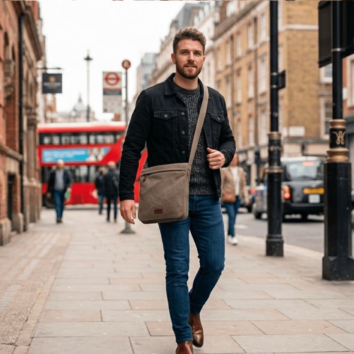 Sac bandoulière 6505 en toile garni cuir Marron