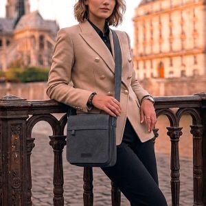 Sac travers 6568 en toile garni de cuir de vachette Noir