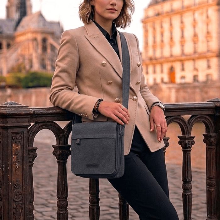 Sac travers 6568 en toile garni de cuir de vachette Noir