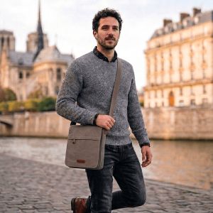 Sac travers 6568 en toile garni de cuir de vachette Marron