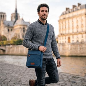 Sac travers 6568 en toile garni de cuir de vachette Marine