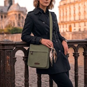 Sac travers 6568 en toile garni de cuir de vachette Kaki